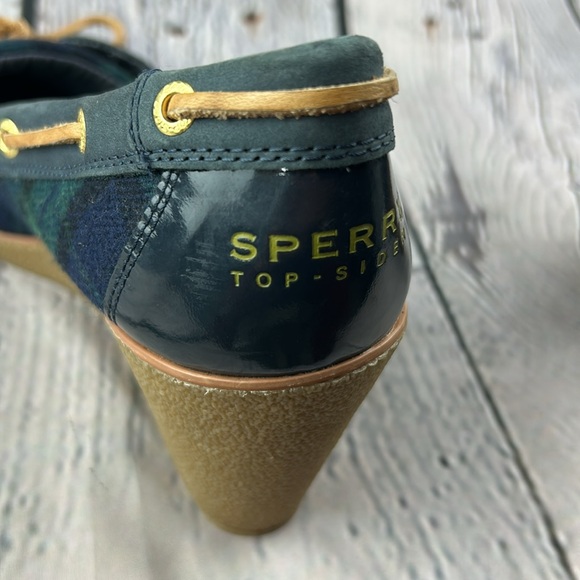 SPERRY GOLDFISH Navy & Green Slip On Leather Lace Wedges - Picture 16 of 17